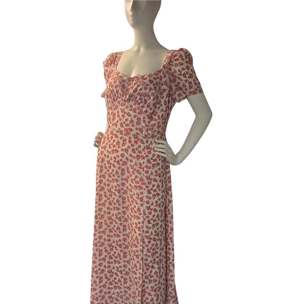 Y2K VTG Pink Floral Dress Milkmaid Cottage Core 90s Feminine Midi XL - Picture 2 of 11